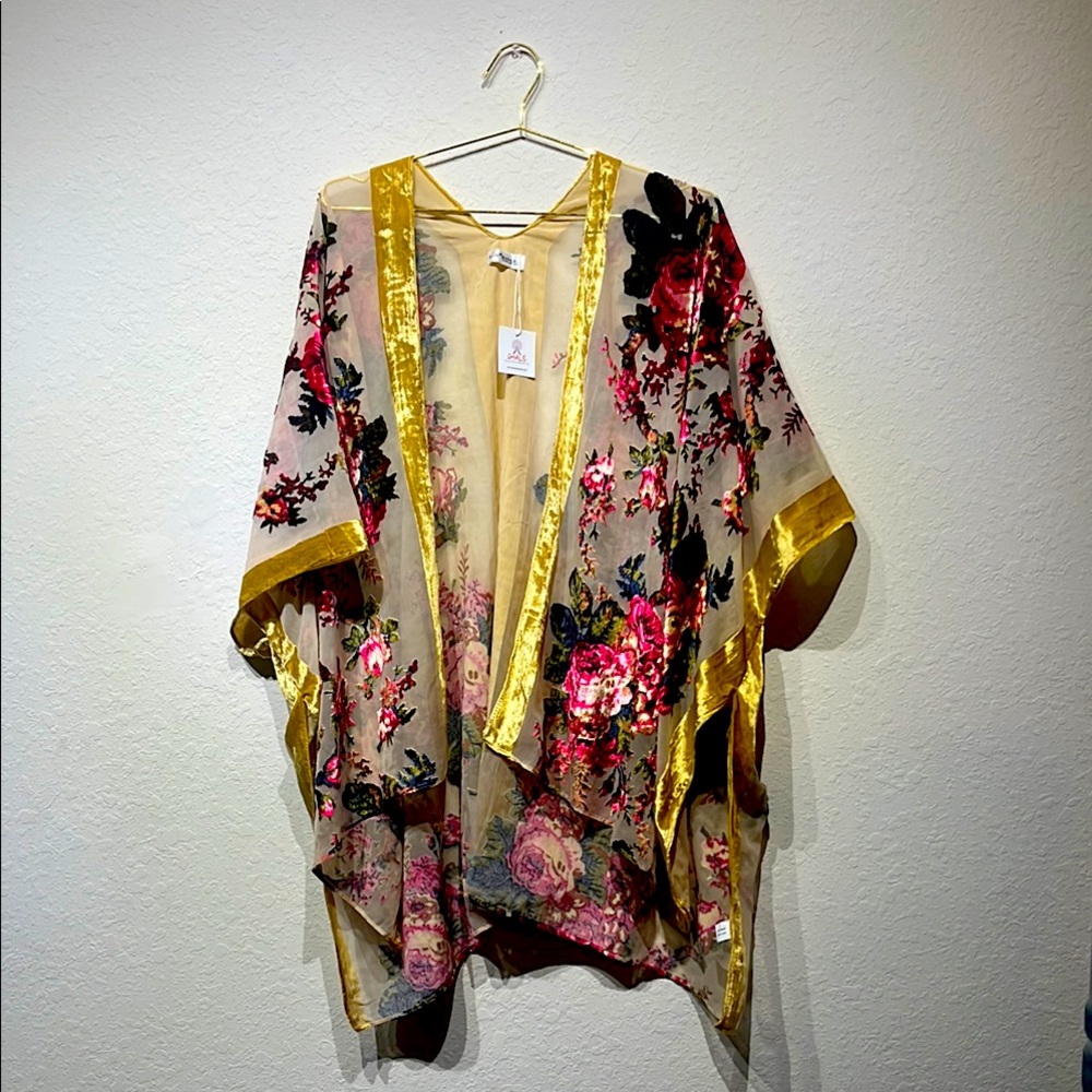 Floral Kimono with Gold Trim
